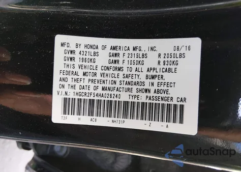 2017 Honda Accord Sport z USA, uszkodzony, nr VIN 1HGCR2F54HA026240